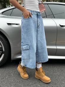 SHEIN ICON 女式宽松工装口袋阔腿休闲七分牛仔裤 - 藍色 - 查看 6