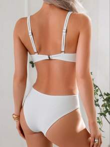 Swim Basics 2pcs/Set Women Push Up Simple Solid Color Textured Fabric Spaghetti Strap Bikini Swimwear Sets, Beach Summer Outfits - White - View 2