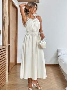 SHEIN LUNE Casual Women Sleeveless Dress With Halter Summer Dresses For Women Casual Dresses For Woman Flowy Dress Summer Dresses For Vacation Western Dress Going Out Dress Vacation Outfits Woman Vacation Outfits Women Women Summer Clothes Halter Dress Flowy Dress Cruise Outfits Women Country Outfits Women Dresses For Women Party Vacation Outfits Boho Clothes Women Resort Wear Women - Apricot - View 3