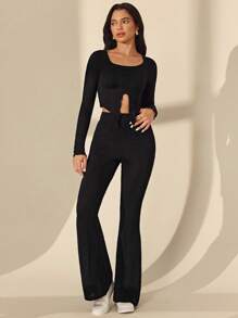 SHEIN Unity 2pcs Women Elegant Knitted Top And Flared Pants Set Fall Cloth For Women - Black - View 1