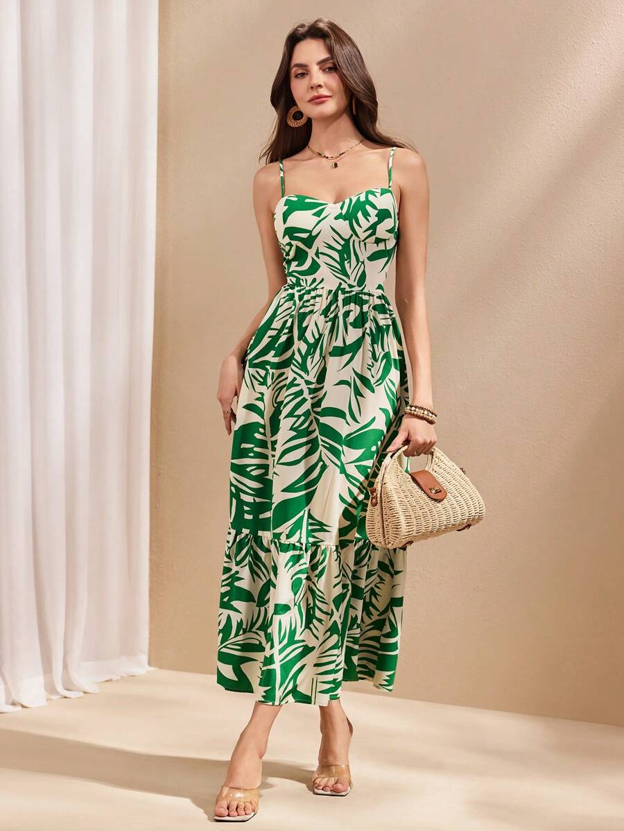 Almamuse 女士优雅花卉印花细肩带连衣裙 - 綠色 - 查看 1