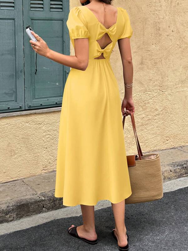 SHEINBlues Women's Solid Color Butterfly Decor Back Balloon Sleeve Midi Elegant Dress For Vacation