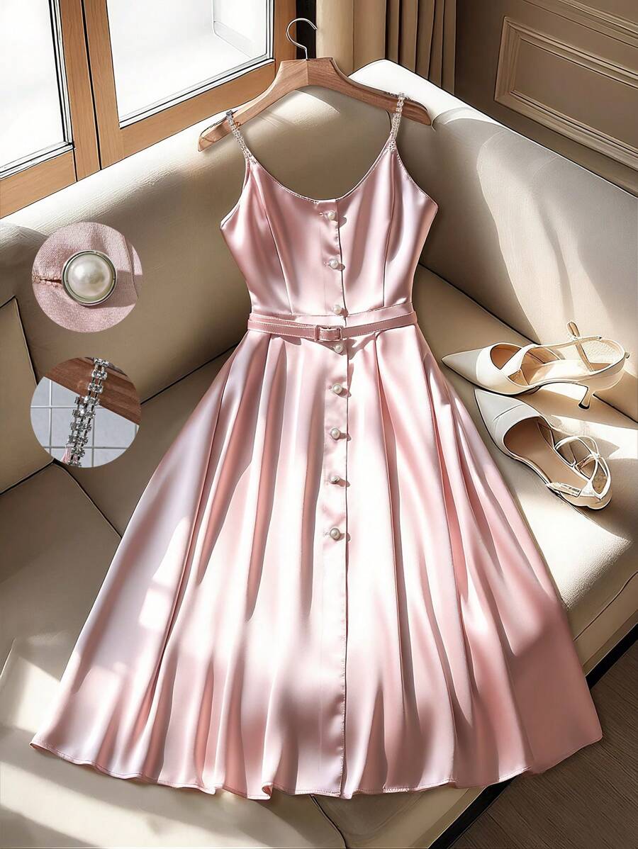 SHEIN Clasi 女士优雅纯色水晶纽扣和链条肩带腰带中长连衣裙