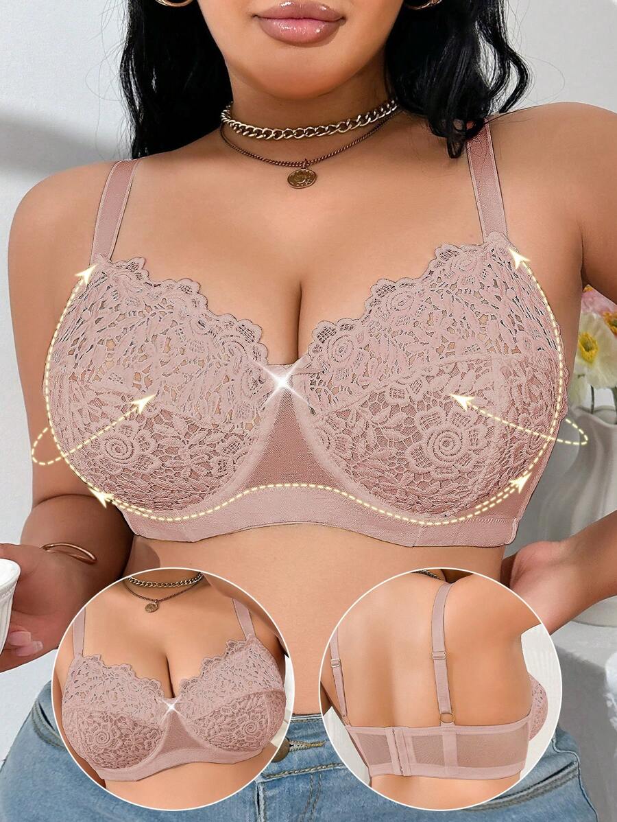 SHEIN Plus Size Embroidery Patchwork Underwire Bra - Apricot - View 1