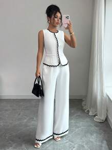 Franclia Women's French Elegant Round Neck Sleeveless Vest With Exquisite Pearl Buttons, White Color Block Wide Leg Pants, Spring/Autumn Outfit - White - View 7