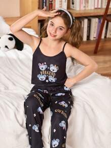 Set de 2 piezas de pijama con estampado de coala y corazón para niñas mayores