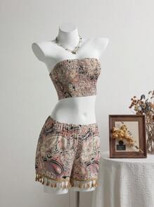 SHEIN Unity 2pcs/Set Women Bandeau Top And Tassel Hem Shorts Set - Khaki - View 3