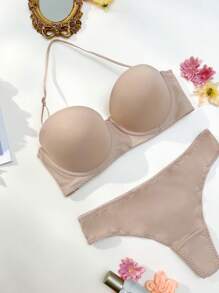 Set de 2 piezas de lencería para mujer con top tubo minimalista sin costuras y sujetador, de media taza - Albaricoque - Ver 7