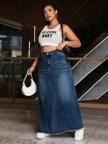 SHEIN ICON 大码女式长款 A 字形口袋休闲牛仔中长裙 - 藍色 - 查看 5