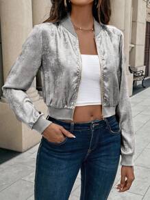 LanaWest 女式秋季长袖拉链休闲金箔短款棒球夹克