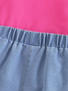 Conjunto de blusa con volantes y moño talla grande shorts vaqueros desgastados, para niña, lindo y divertido - Multicolor - Ver 5
