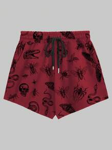 ROMWE Goth Pantalones cortos con estampado de plantas e insectos de talla grande, con cordón a la cintura, para uso casual u outdoor - Rojo - Ver 1