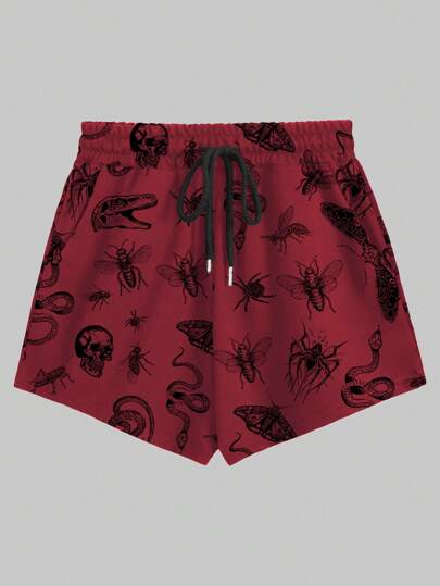 Goth Plus Size Casual/Outdoor Drawstring Waist Plant & Insect Allover Print Shorts