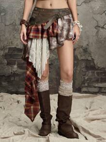 ROMWE Grunge Punk Y2K 朋克摇滚仿皮拼布格子蕾丝不对称下摆分层迷你裙 - 彩色 - 查看 5