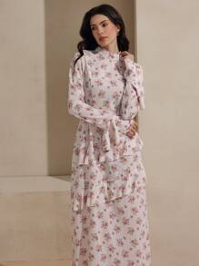 Graceveil 女式阿拉伯风格荷叶边圆领喇叭袖连衣裙 - 粉色 - 查看 5