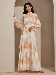 Graceveil Vestido midi de manga larga con cuello alto, cinturón y estampado digital para mujer