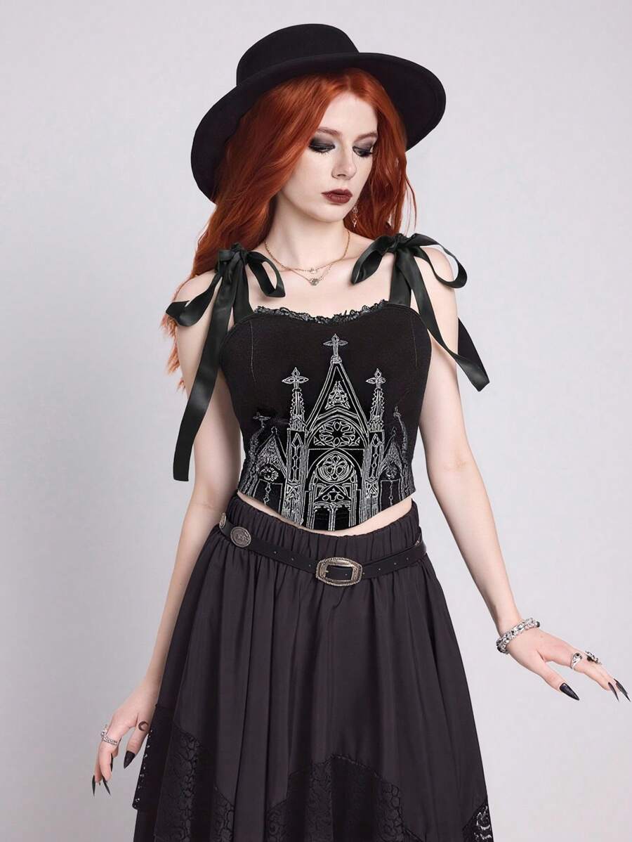 ROMWE Goth 女式哥特式宫殿城堡十字刺绣方领蕾丝边拼接黑色十字交叉短款上衣紧身胸衣 - 黑色 - 查看 1