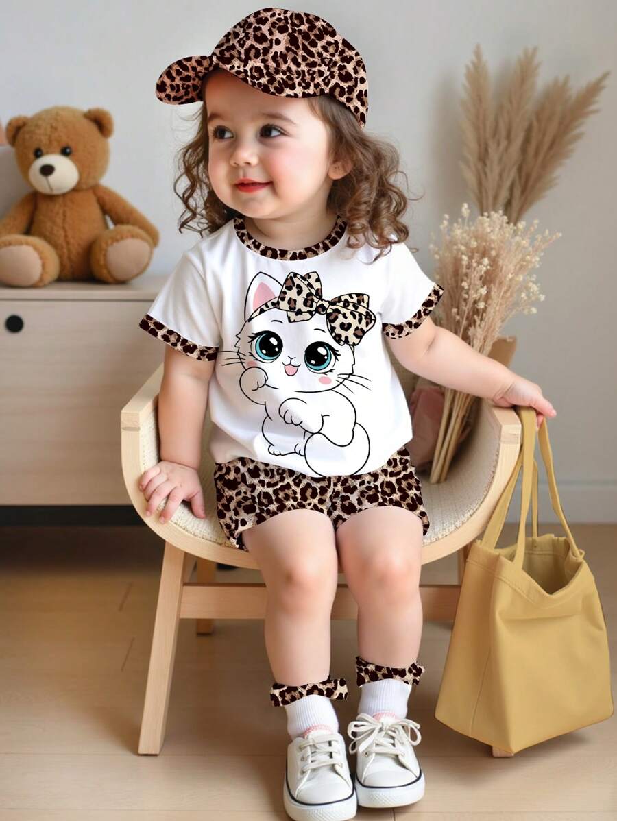 SHEIN Bộ đồ 2 món họa tiết mèo hoạt hình cổ tròn tay ngắn và quần legging họa tiết da báo cho bé gái, phù hợp cho mùa xuân và mùa hè - Nhiều màu - Xem 1