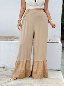 Flirla Quần ống rộng vải họa tiết chắp vá cỡ lớn, thích hợp cho kỳ nghỉ & bãi biển, mùa hè - Cà phê nâu - Xem 5