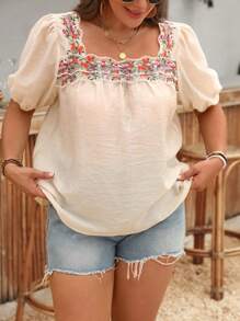SHEIN LUNE Plus Size Women Floral Patchwork Sheer Short Puff Sleeve Fashionable Blouse - Apricot - View 3