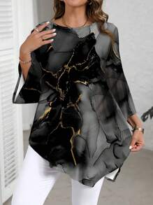 EMERY ROSE Plus Size Water-Ink Marble Textured Pattern Round Neck Long Sleeve Shirt, Suitable For Spring And Autumn Asymmetrical Blouse Autumn And Winter Chic Blouses For Women - Multicolor - View 1