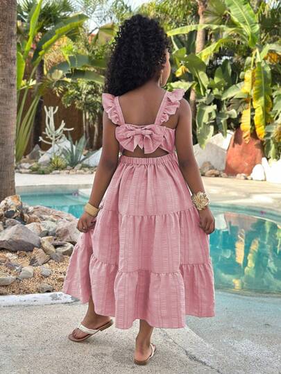 Sparklyn Girls' Vacation Ruffled Sleeveless A-Line Solid Color Dress With 3D Bow, Matching Sister Style, School, Campus, College