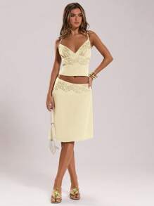 SHEIN BAE 女士优雅不对称下摆半身裙，适合夏季、旅行、海滩 - 黃色 - 查看 7