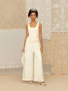 SHEIN MOD Apricot Crochet Material Round Neck Floral Decor Top - Apricot - View 1