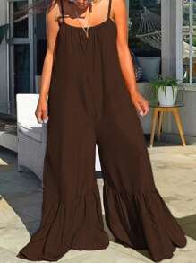 INAWLY 女式纯色褶皱口袋阔腿连体裤，时尚休闲，适合夏季 - 棕色 - 查看 5