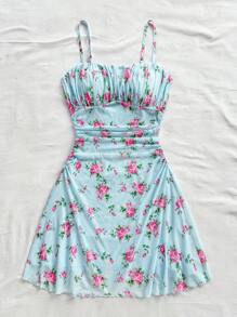 Soleia 女士节日碎花粉色浪漫细肩带 A 字迷你连衣裙，适合派对、约会、情人节、复活节、狂欢节、海滩巡游、下午茶、春夏时尚 - 彩色 - 查看 5