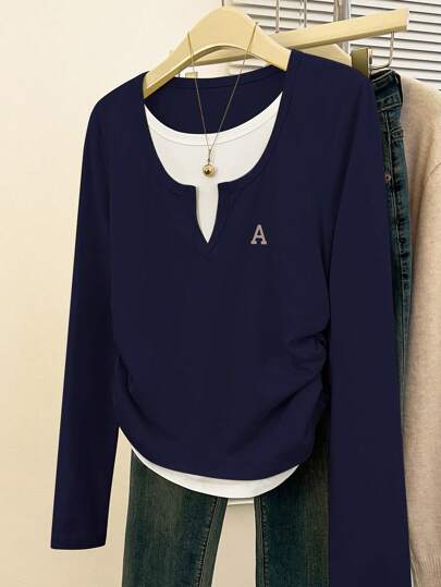 SHEIN EZwear 女士字母印花二合一长袖休闲 T 恤