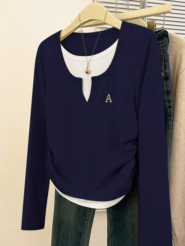 SHEIN EZwear 女士字母印花二合一长袖休闲 T 恤