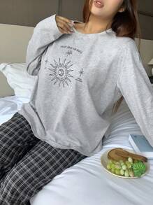 Dazy Plus 加大码两件套印花宽松圆领长袖上衣和格子裤睡衣套装，秋冬服装，舒适套装 - 灰色 - 查看 4