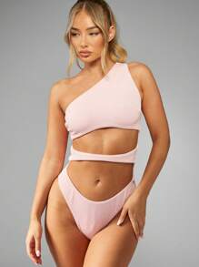 MISSGUIDED Bañador tipo monokini de una pieza con textura, corte alto, abertura asimétrica, adecuado para la playa y el resort - Rosa - Ver 3