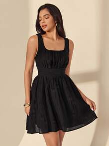 Almamuse Women Casual Lace Texture Short Sleeveless Dress - Black - View 3