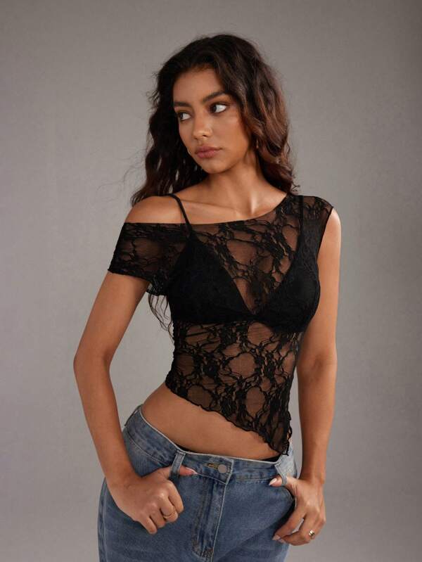 TRNVIE Black Floral Lace Fabric Sheer Fitted Irregular Hem Side Slit Short Sleeve Top, Fashion, Elegant, Sweet, Romantic, Sexy, Casual, Versatile For Women In Summer