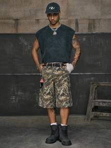 AXEPEAK 男士宽松钻石装饰迷彩工装短裤 - 軍綠色 - 查看 5