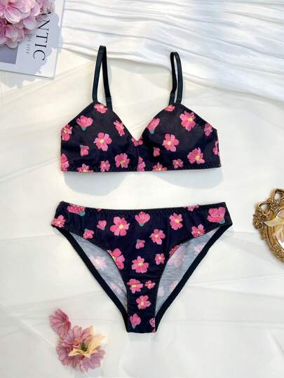 Set de lencería romántica y cómoda con estampado floral rural y contraste de color para chicas mayores, 2 piezas