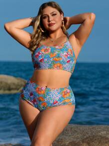 Swim Lushoire Plus Size Casual Cami Bikini Top And Triangle Bottom 2Pcs Swimsuit Set For Summer Beach Vacation