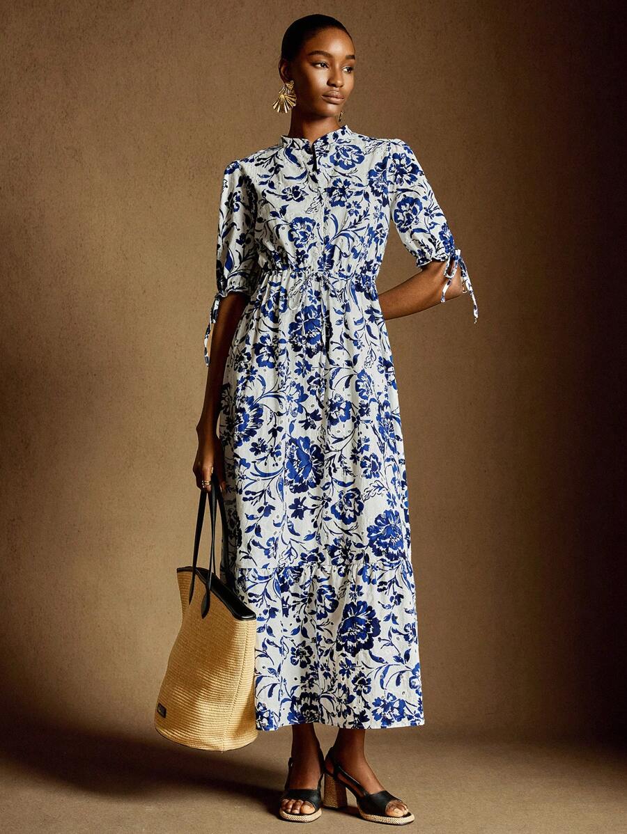 Écloséra French Collar Open Front Button Embroidered Short Sleeve A-Line Dress - Blue - View 1