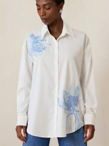 SHEIN Privé French Retro Embroidered Collar Embroidery Print Long Sleeve Blouse For Women Fall Cloth For Women - White - View 3