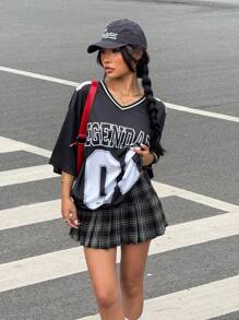 Muchica 女士新款夏季宽松黑色字母图案短袖T恤，适合返校季穿着 - 黑色 - 查看 3