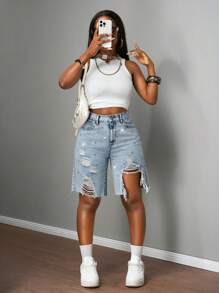 Slaydiva 新款女式牛仔短裤低腰宽松破洞五分裤宽松百慕大钻石装饰 / 浅蓝色牛仔短裤 / 秋季女装 / 返校季 / 女式乡村服装 / 乡村演唱会服装 / 复古女装 / 外出服装 / 女式机场服装 / 女式街头服饰 / Y2K 风格女装 - 淺色水洗藍 - 查看 6