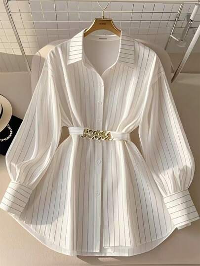 Franclia Women's Casual Striped Decoration City Commuter Style Collared Shirt (With Belt) All White Casual Outfits Spring Clothes For University