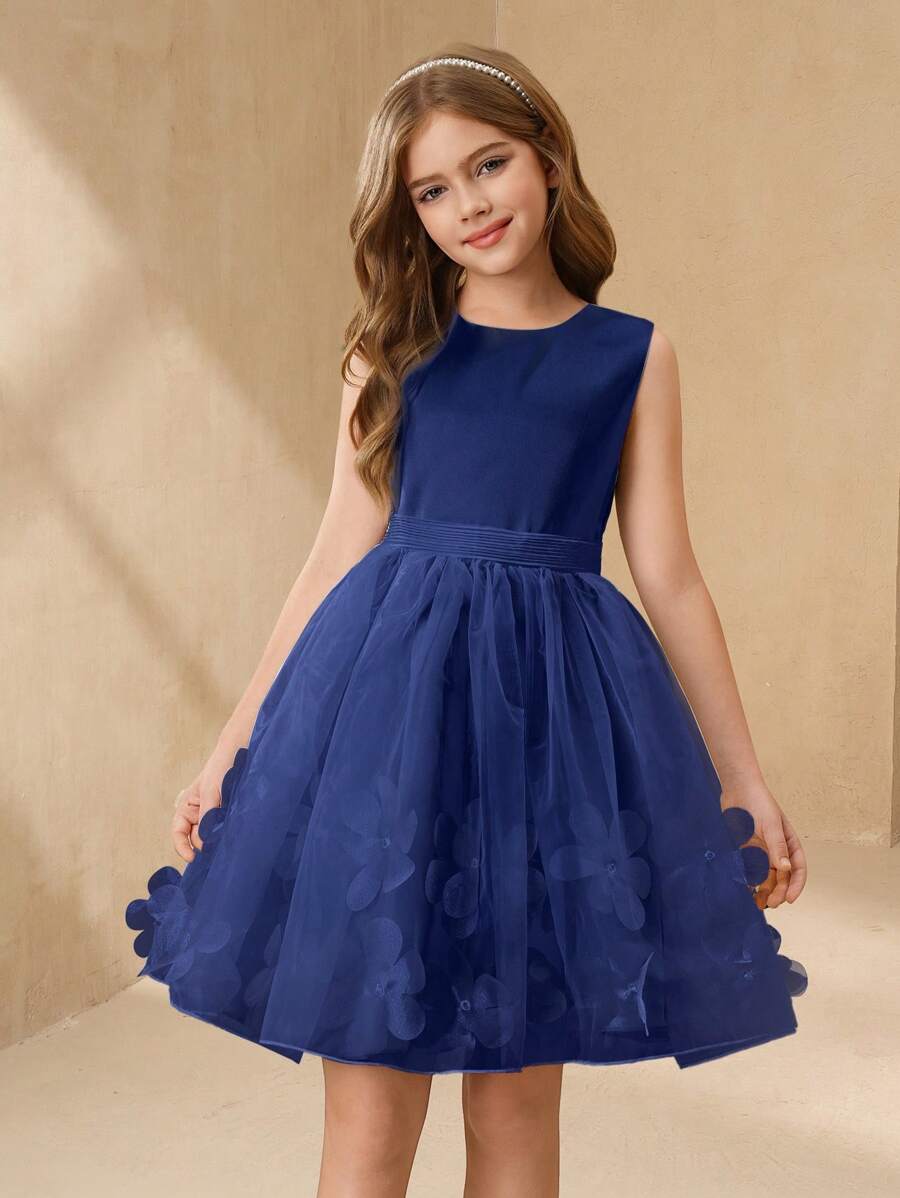 SHEIN Wedding Flower Girl New Style Girls Princess Tulle Puffy Dress, Vest Piano Performance Costume - Navy Blue - View 1