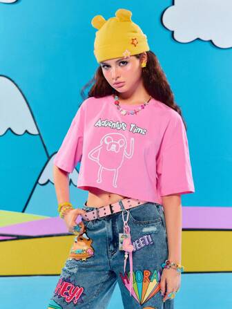 Adventure Time X ROMWE T-shirt court ample rose pour femmes avec motif lettres et dessins animés