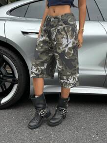 SHEIN ICON Quần Capri ống rộng in họa tiết camo có túi dành cho nữ - xanh quân đội - Xem 6