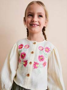 THE HAPPY LOOK Young Girls Embroidered Wooden Button Long Sleeve Shirt And Contrast Color Pants Two Pieces Outfits, Autumn