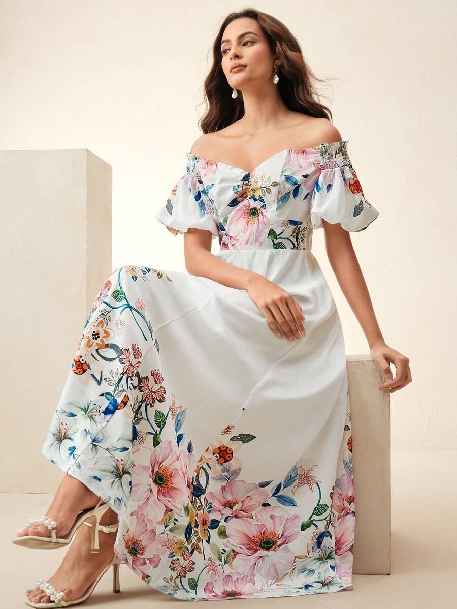 Anewsta Váy in hoa thanh lịch cho nữ, mùa xuân và mùa hè - trắng - Xem 1