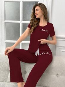 女士字母印花短袖上衣和裤子睡衣套装 - 紅色 - 查看 4
